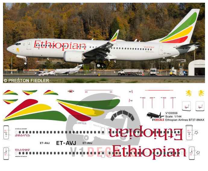 V1 Decals Boeing 737-8 MAX Ethiopian Airlines for 1/144 Zvezda Model Kit V1D0559 
