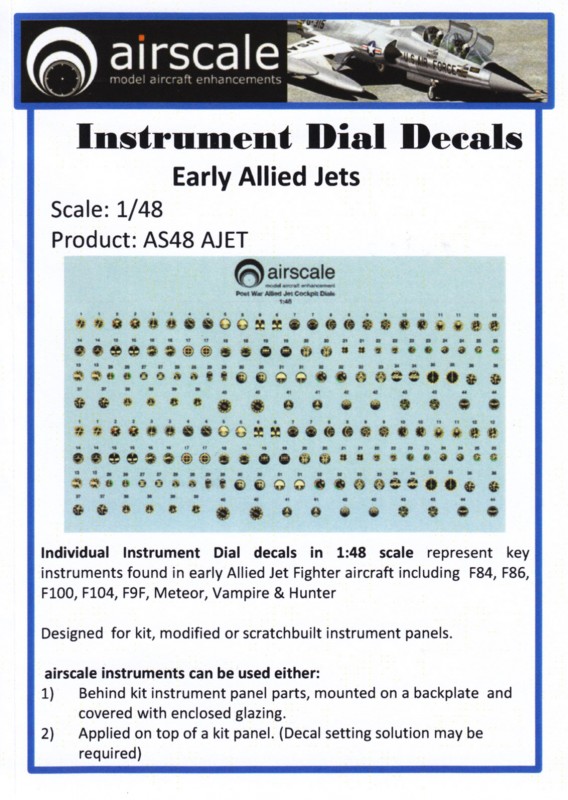airscale Early Allied Jet Cockpit Instrument Dial decals 1/48 scale AS48 AJET