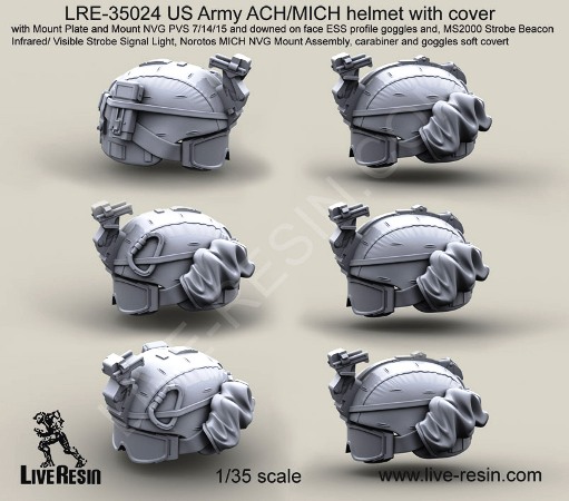 Live Resin 1:35 US Army ACH MICH Helmet Cover PETZL Tactical Headlamp #LRE35021 